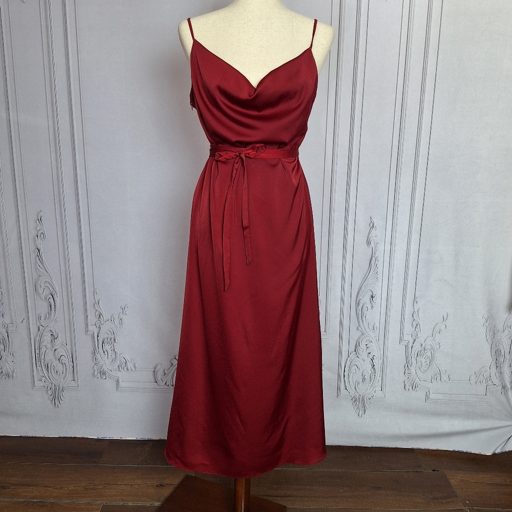 NWT Labera 100% Silk A-Line Cowl Neck Dress Burgundy Sz L with Belt